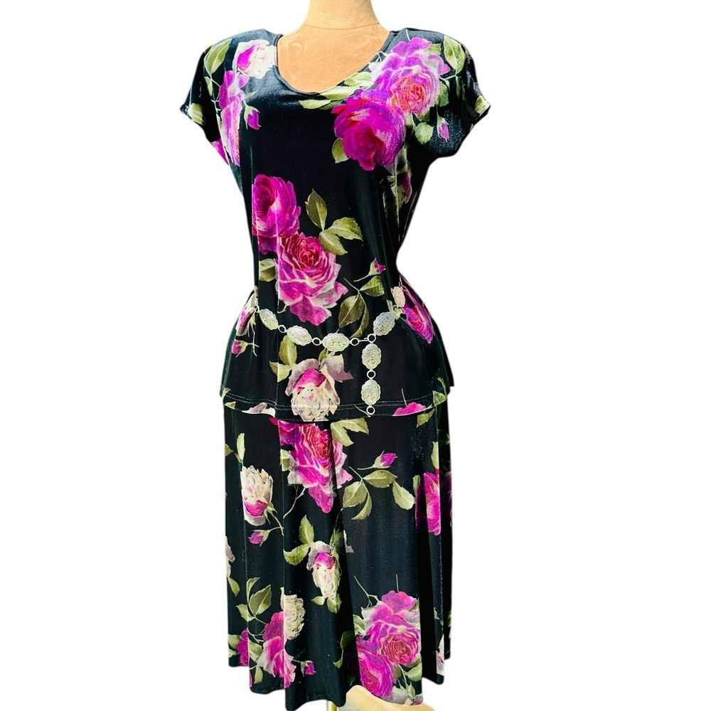 VTG Jeffrey & Dara 90s Black Velvet Floral 2-Pc Set Top Skirt Sz 12 USA Made